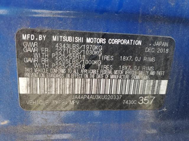 JA4AP4AU3KU020337 - 2019 MITSUBISHI OUTLANDER SE BLUE photo 13