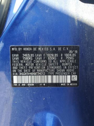 3HGGK5H46KM734012 - 2019 HONDA FIT LX BLUE photo 12