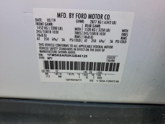 1FM5K8AR0KGB46125 - 2019 FORD EXPLORER POLICE INTERCEPTOR Blanco foto 14