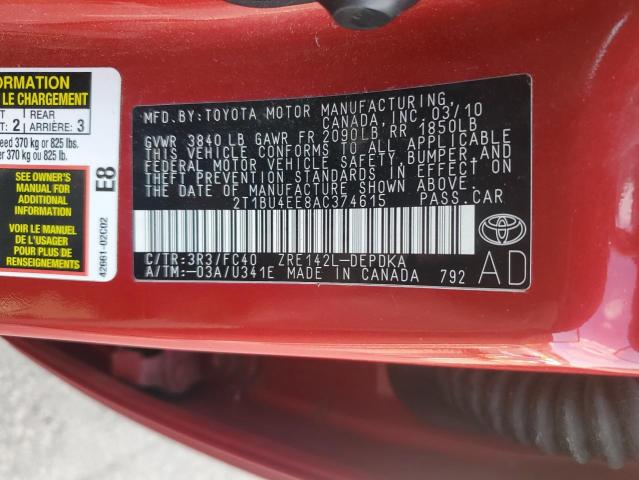 2T1BU4EE8AC374615 - 2010 TOYOTA COROLLA BASE 勃艮第红 照片 12