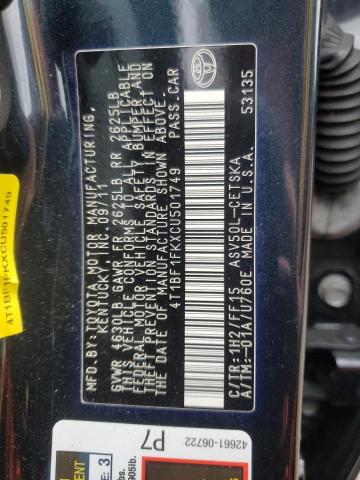 4T1BF1FKXCU501749 - 2012 TOYOTA CAMRY BASE BLACK photo 12