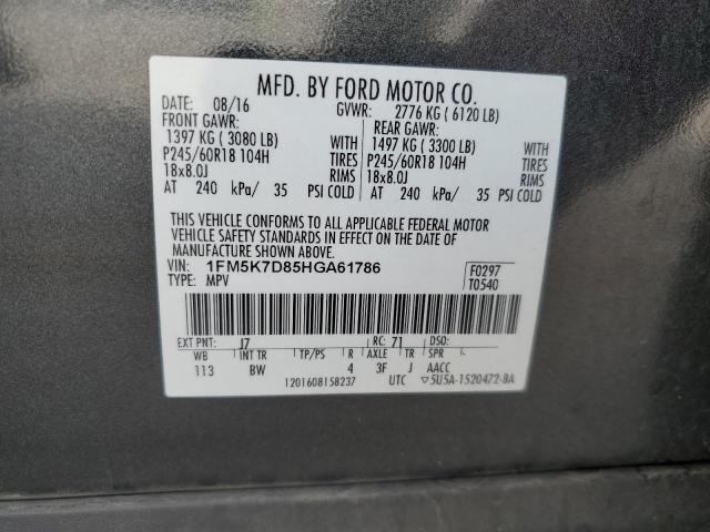 1FM5K7D85HGA61786 - 2017 FORD EXPLORER XLT GRAY photo 13