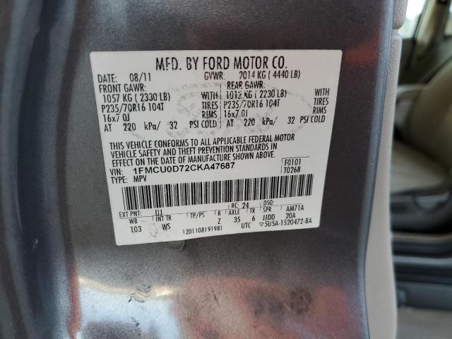 1FMCU0D72CKA47687 - 2012 FORD ESCAPE XLT GRAY photo 13