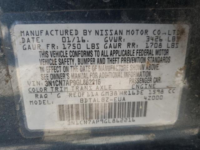 3N1CN7AP9GL862216 - 2016 NISSAN VERSA S 蓝色 照片 12