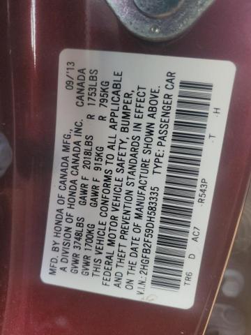 2HGFB2F59DH583335 - 2013 HONDA CIVIC LX MAROON photo 12