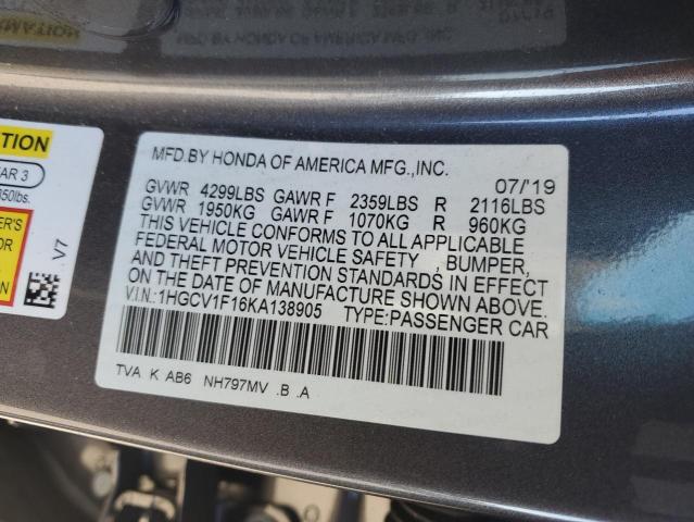 1HGCV1F16KA138905 - 2019 HONDA ACCORD LX ნაცრისფერი ფოტო 12