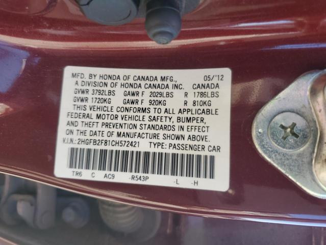 2HGFB2F81CH572421 - 2012 HONDA CIVIC EX Burgund zdjęcie 12