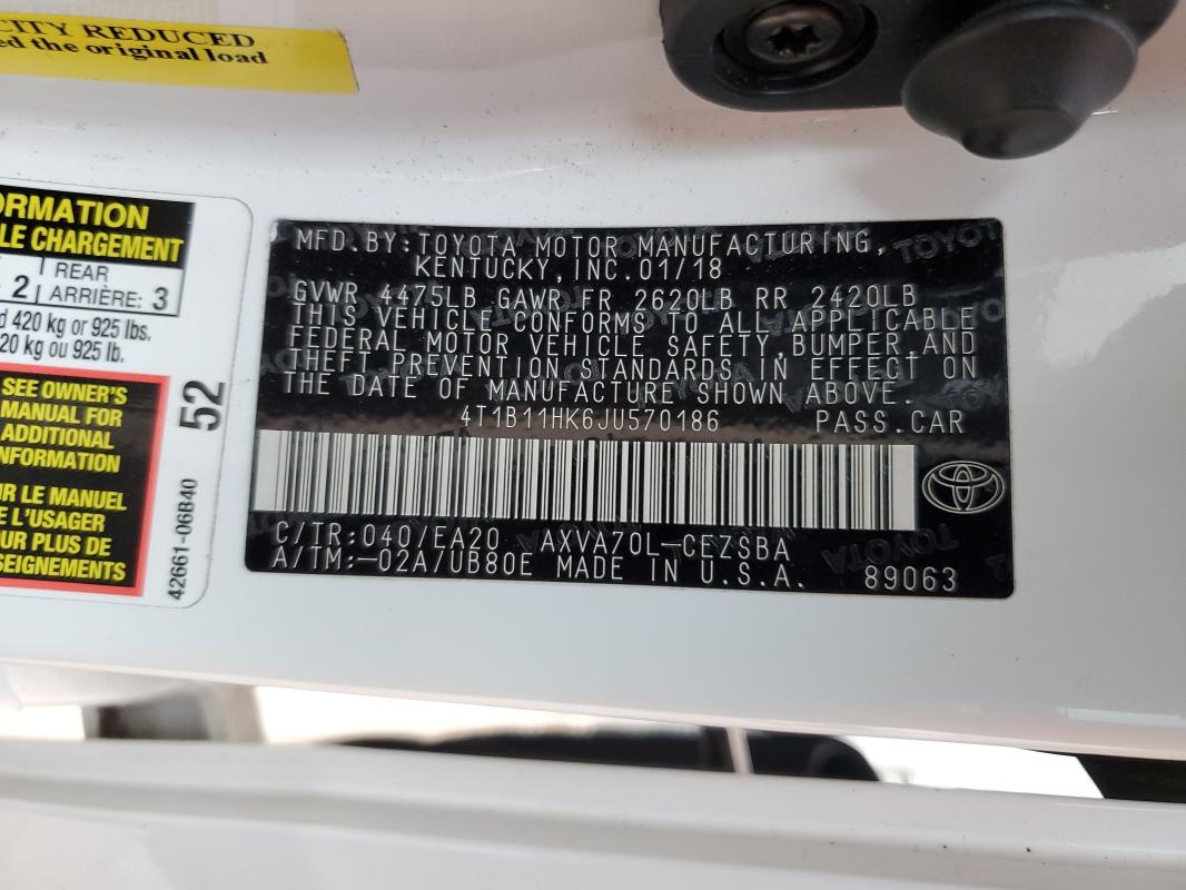 4T1B11HK6JU570186 - 2018 TOYOTA CAMRY L თეთრი ფოტო 12