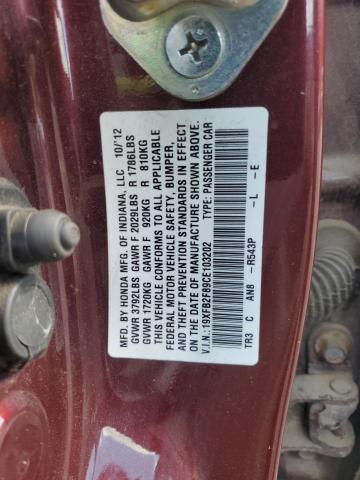 19XFB2F89CE103202 - 2012 HONDA CIVIC EX BURGUNDY photo 12