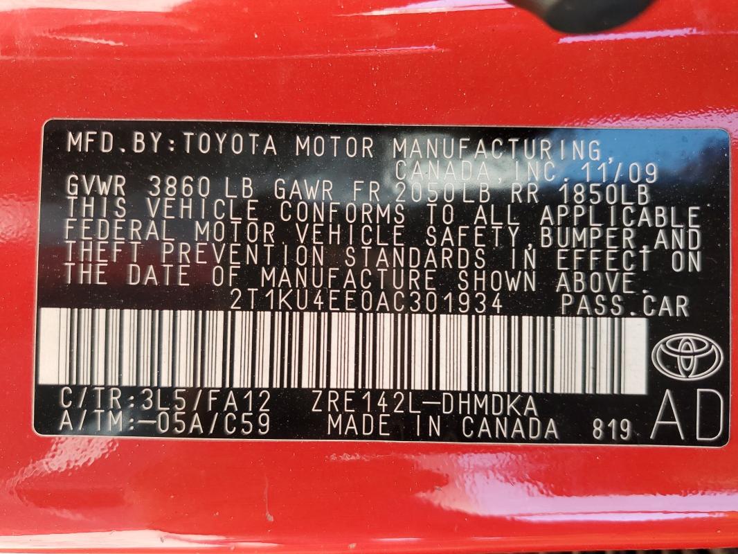 2T1KU4EE0AC301934 - 2010 TOYOTA COROLLA MA RED photo 12