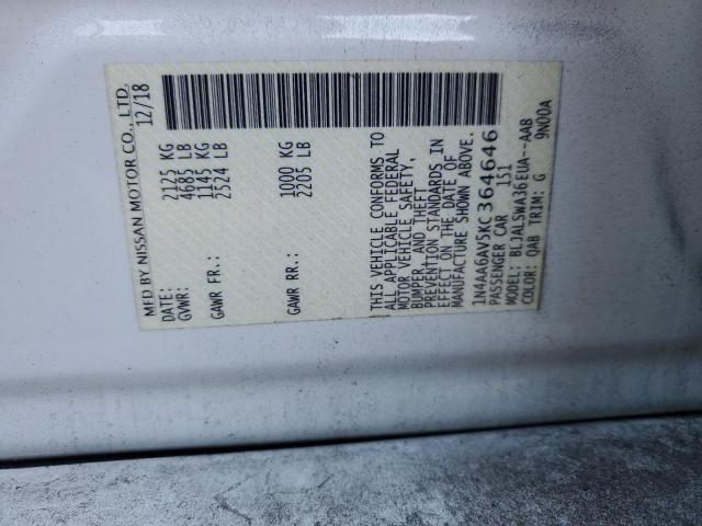 1N4AA6AV5KC364646 - 2019 NISSAN MAXIMA S WHITE photo 12