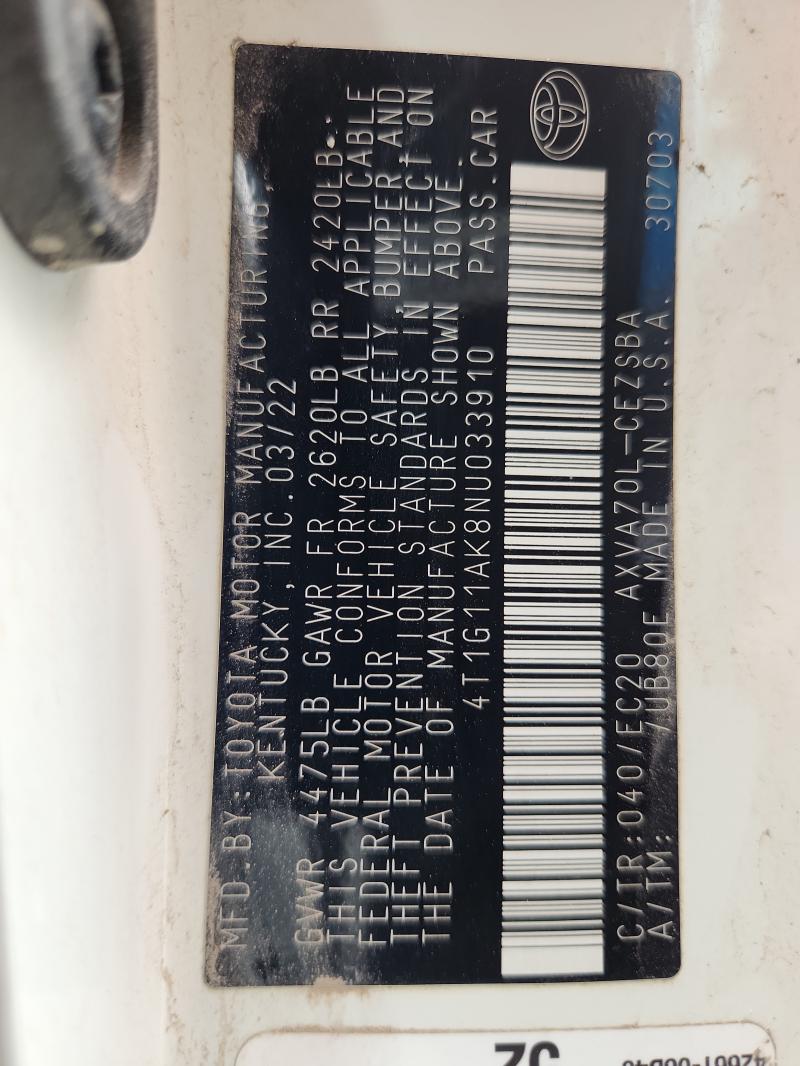 4T1G11AK8NU033910 - 2022 TOYOTA CAMRY SE WHITE photo 12