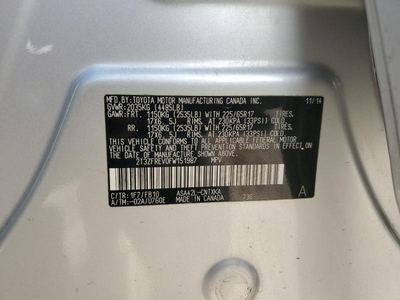 2T3ZFREV0FW151987 - 2015 TOYOTA RAV4 LE SILVER photo 13