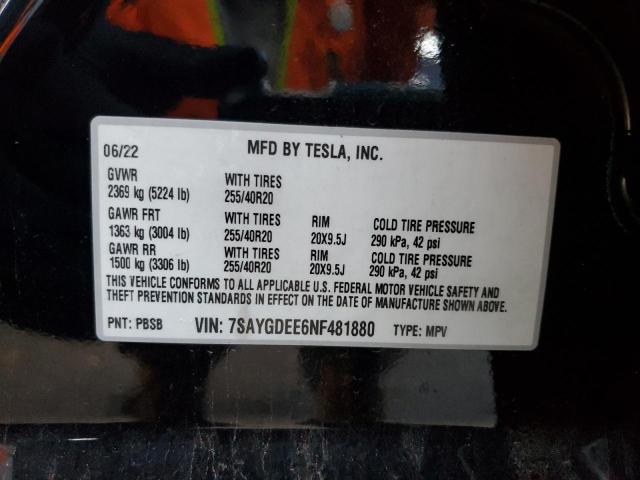 7SAYGDEE6NF481880 - 2022 TESLA MODEL Y Negro foto 13