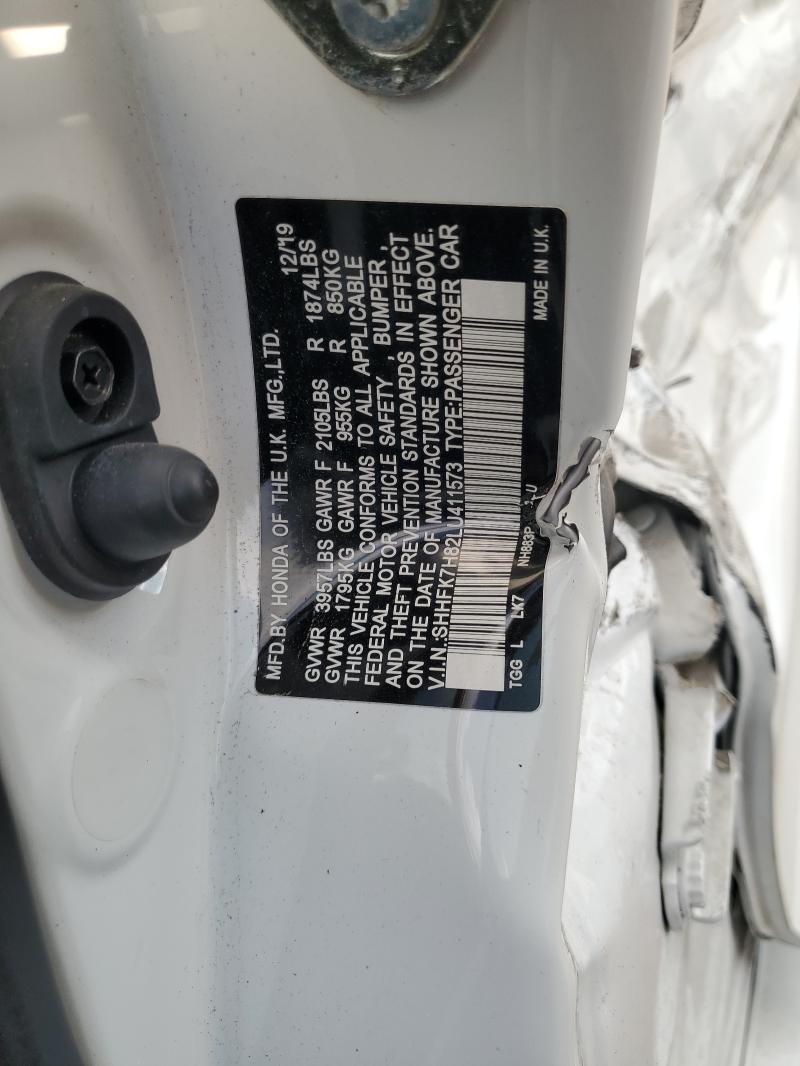 SHHFK7H82LU411573 - 2020 HONDA CIVIC EXL 白色 照片 12