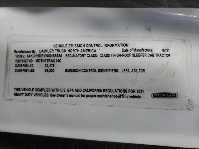 3AKJHHDRXNSNS8684 - 2022 FREIGHTLINER CASCADIA 1 WHITE photo 10