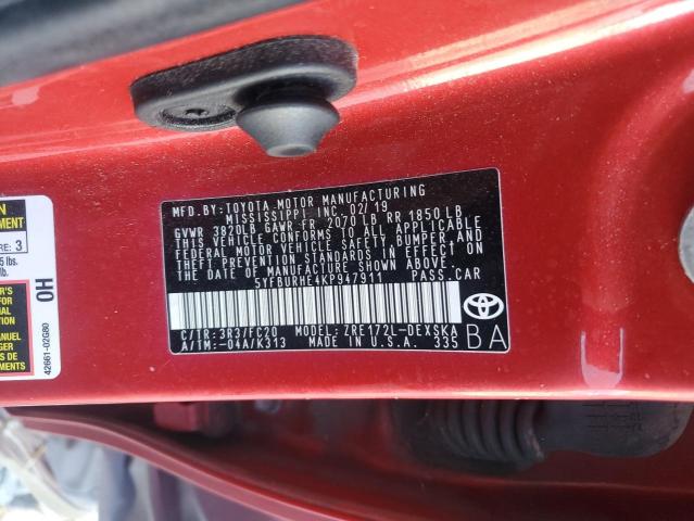 5YFBURHE4KP947911 - 2019 TOYOTA COROLLA L 红色 照片 12