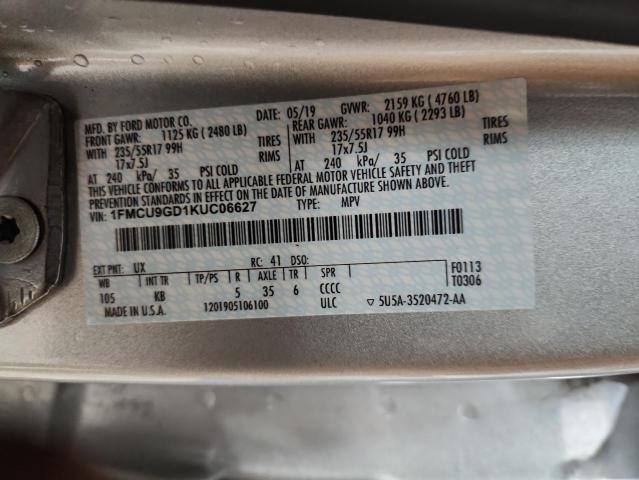 1FMCU9GD1KUC06627 - 2019 FORD ESCAPE SE Srebrny zdjęcie 13