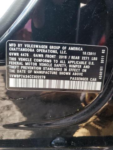 1VWBP7A34CC022279 - 2012 VOLKSWAGEN PASSAT SE BLACK photo 12