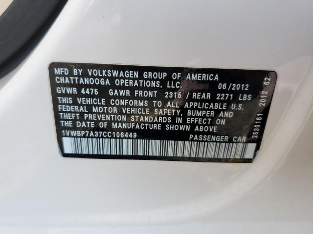 1VWBP7A37CC106449 - 2012 VOLKSWAGEN PASSAT SE WHITE photo 12