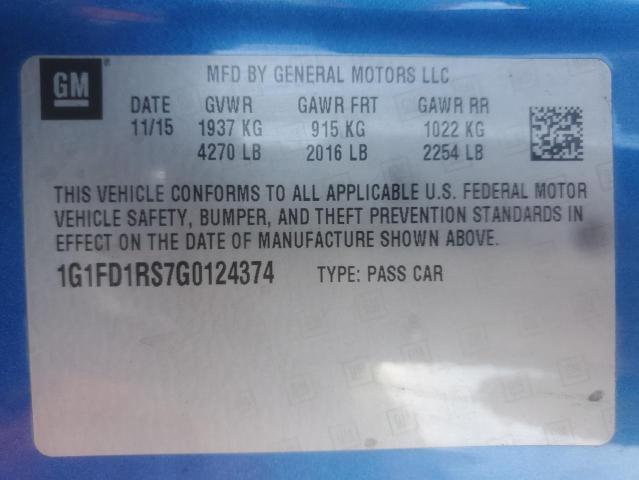 1G1FD1RS7G0124374 - 2016 CHEVROLET CAMARO LT Көк фото 12