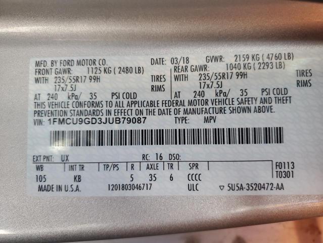 1FMCU9GD3JUB79087 - 2018 FORD ESCAPE SE فضي صورة 13