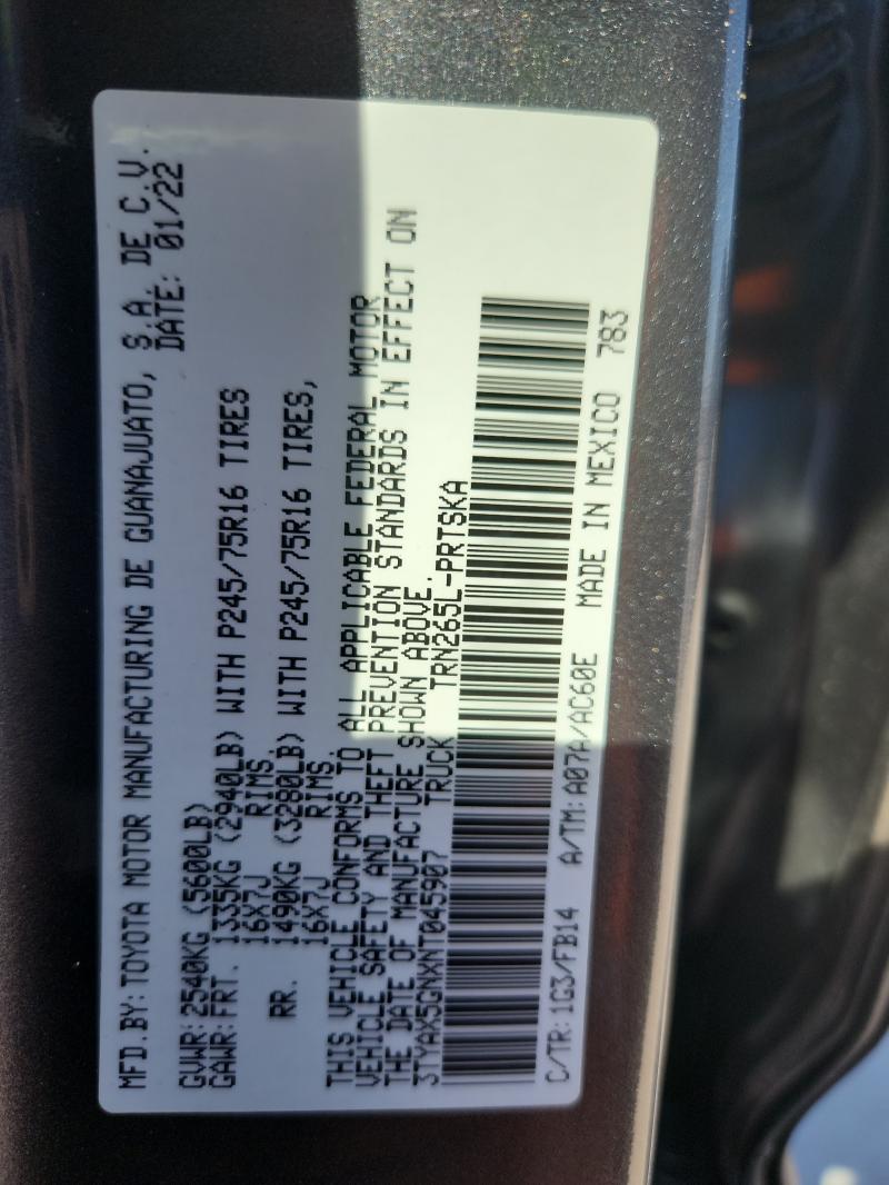 3TYAX5GNXNT045907 - 2022 TOYOTA TACOMA DOUBLE CAB Մոխրագույն լուսանկար 12