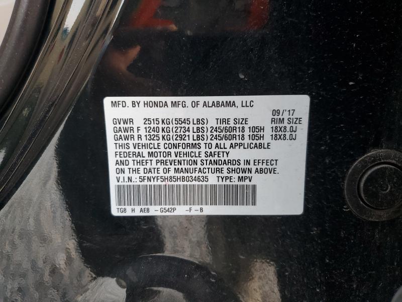 5FNYF5H85HB034635 - 2017 HONDA PILOT EXL შავი ფოტო 13