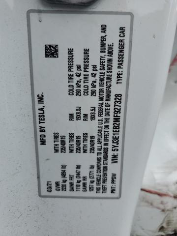 5YJ3E1EB2MF927328 - 2021 TESLA MODEL 3 WHITE photo 12