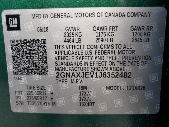 2GNAXJEV1J6352482 - 2018 CHEVROLET EQUINOX LT GREEN photo 12