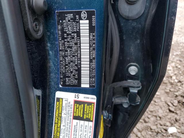 4T1B11HK6KU794821 - 2019 TOYOTA CAMRY L BLUE photo 12