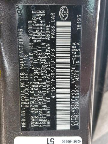 4T1B11HK0KU191976 - 2019 TOYOTA CAMRY L Графитовый фото 12