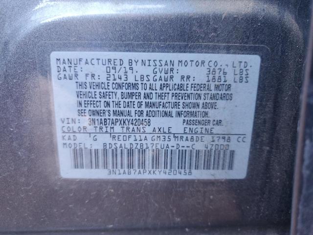 3N1AB7APXKY420458 - 2019 NISSAN SENTRA S Boz foto 12