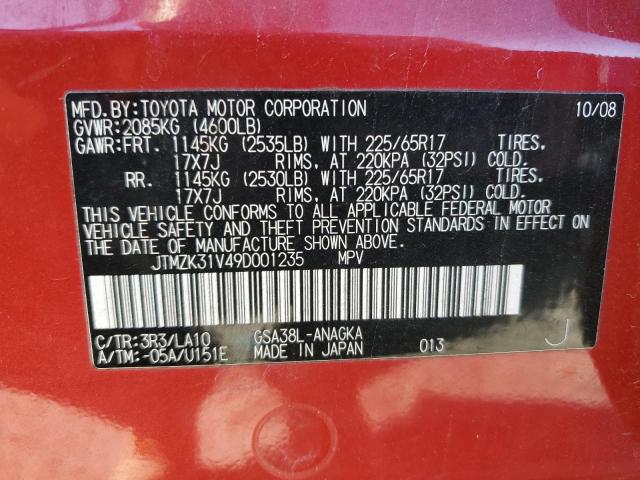 JTMZK31V49D001235 - 2009 TOYOTA RAV4 LIMITED RED photo 13