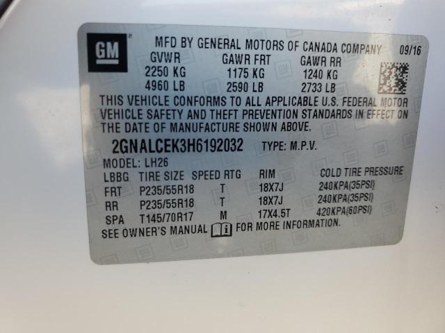 2GNALCEK3H6192032 - 2017 CHEVROLET EQUINOX LT WHITE photo 13