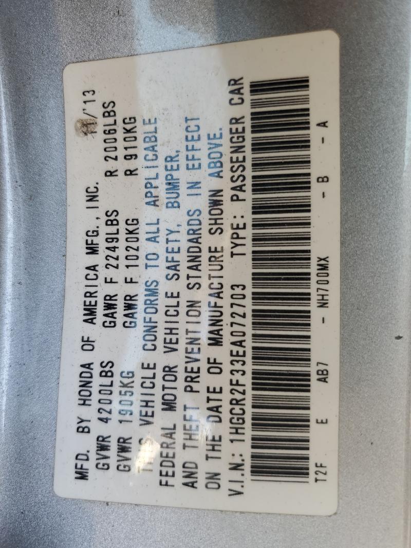 1HGCR2F33EA072703 - 2014 HONDA ACCORD LX Gümüş foto 13