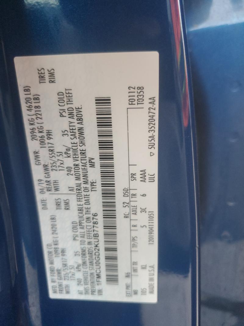 1FMCU0GD2KUB77876 - 2019 FORD ESCAPE SE Niebieski zdjęcie 13