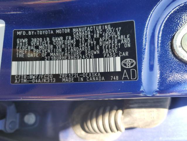 2T1BURHEXHC924576 - 2017 TOYOTA COROLLA L BLUE photo 12