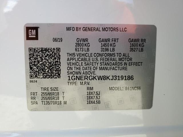 1GNERGKW8KJ319186 - 2019 CHEVROLET TRAVERSE LT Blanc photo 13