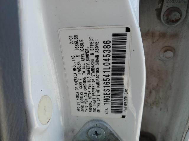 1HGES16541L045386 - 2001 HONDA CIVIC LX WHITE photo 13