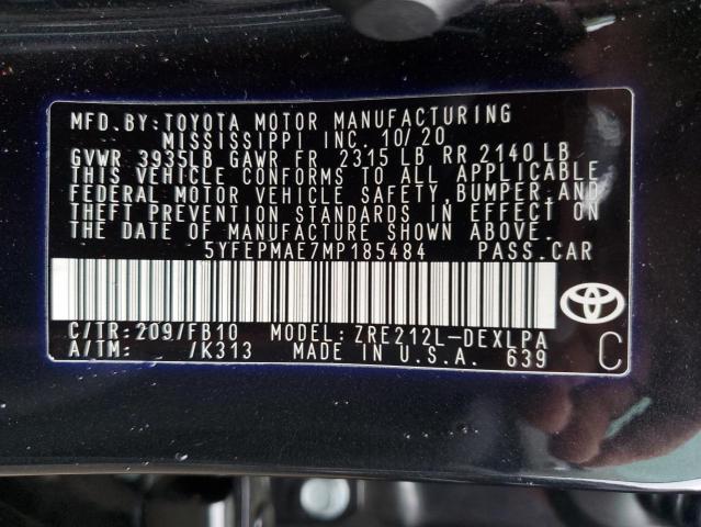 5YFEPMAE7MP185484 - 2021 TOYOTA COROLLA LE BLACK photo 12