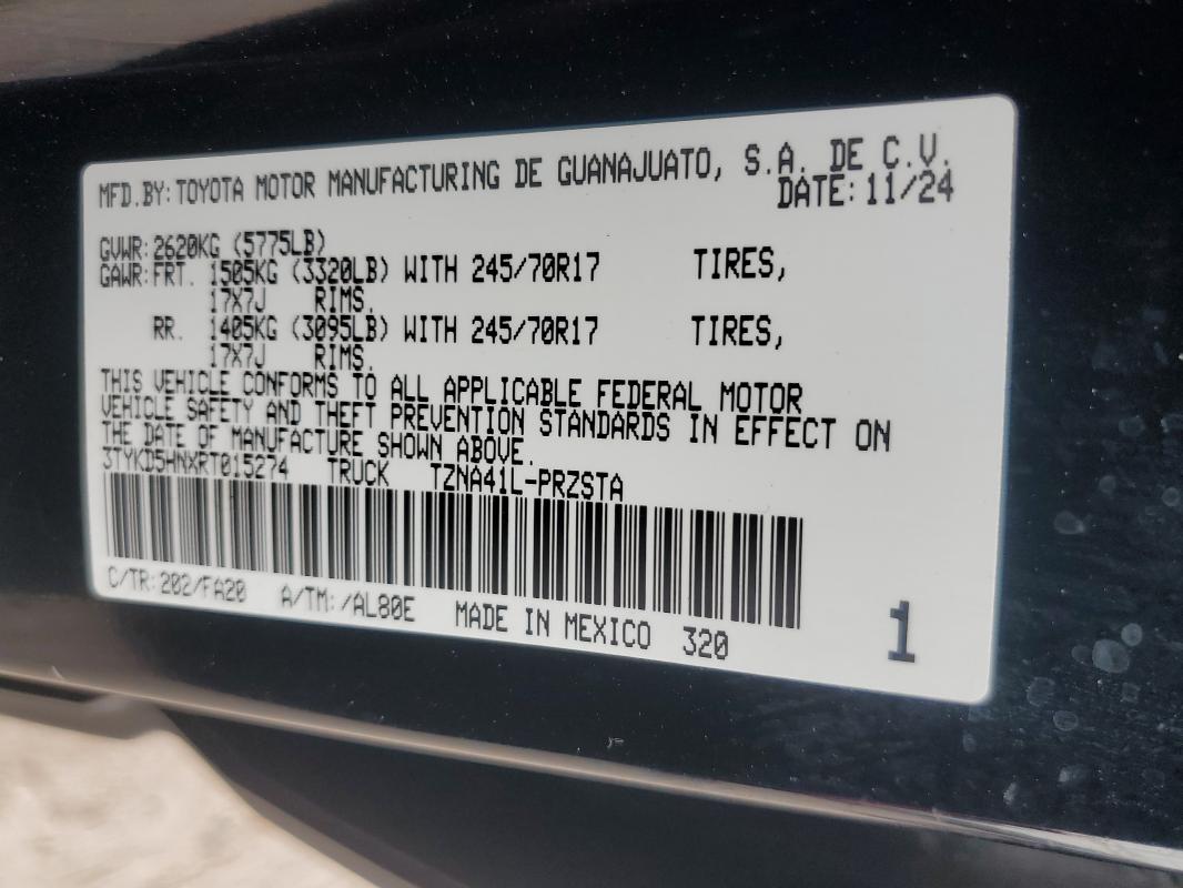 3TYKD5HNXRT015274 - 2024 TOYOTA TACOMA DOUBLE CAB 黑色 照片 12