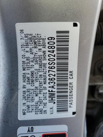 JHMFA36276S024809 - 2006 HONDA CIVIC HYBRID SILVER photo 12
