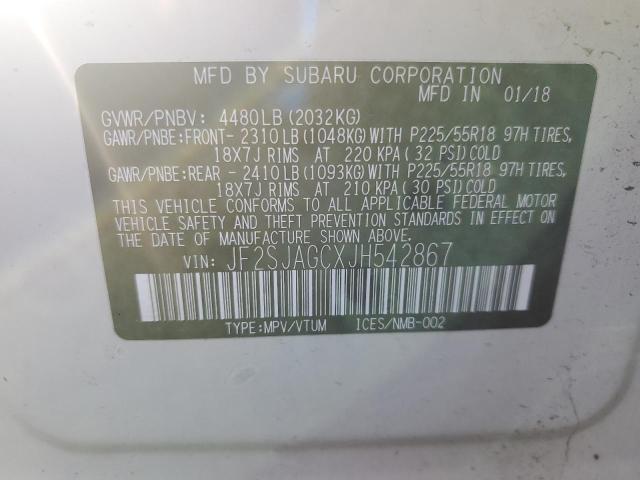 JF2SJAGCXJH542867 - 2018 SUBARU FORESTER 2.5I PREMIUM WHITE photo 12