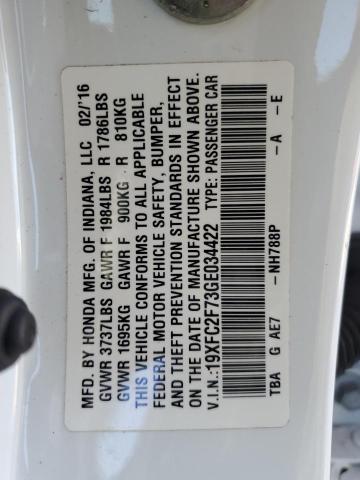 19XFC2F73GE034422 - 2016 HONDA CIVIC EX WHITE photo 12