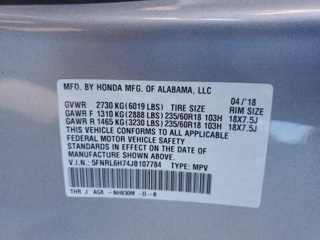 5FNRL6H74JB107784 - 2018 HONDA ODYSSEY EXL ვერცხლისფერი ფოტო 13