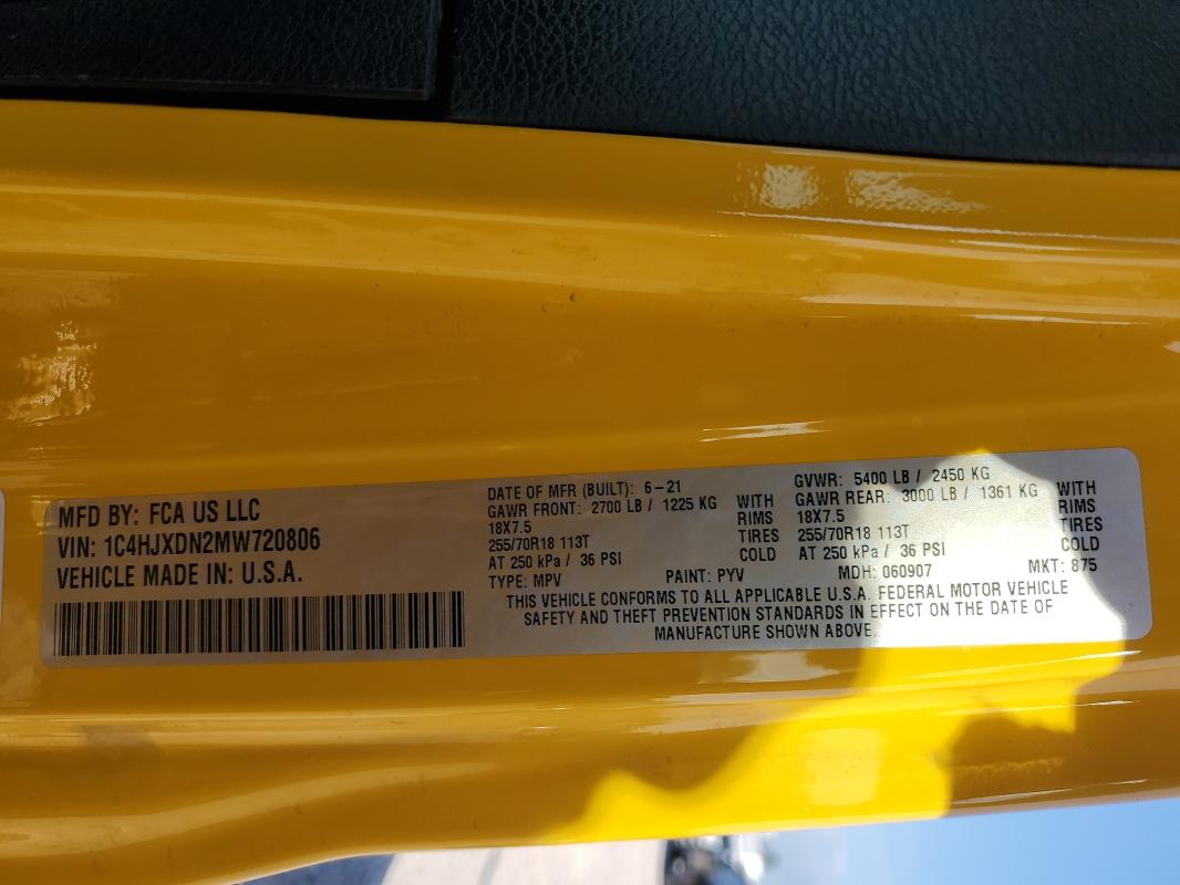 1C4HJXDN2MW720806 - 2021 JEEP WRANGLER U SPORT أصفر صورة 13