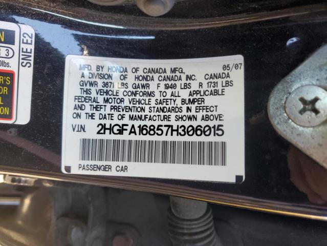 2HGFA16857H306015 - 2007 HONDA CIVIC EX შავი ფოტო 12