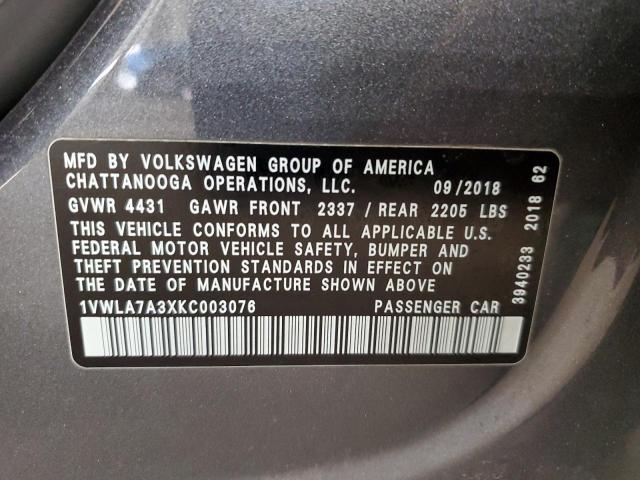 1VWLA7A3XKC003076 - 2019 VOLKSWAGEN PASSAT WOLFSBURG CHARCOAL photo 12