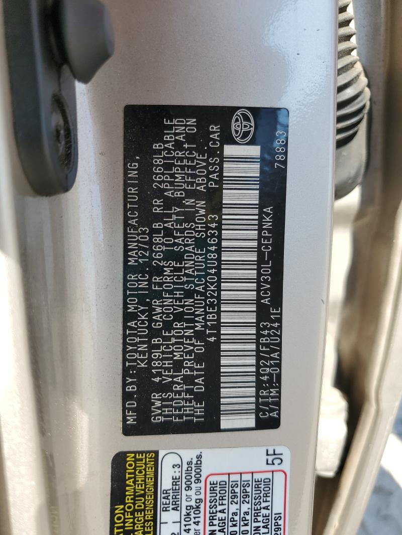 4T1BE32K04U846343 - 2004 TOYOTA CAMRY LE TAN photo 12